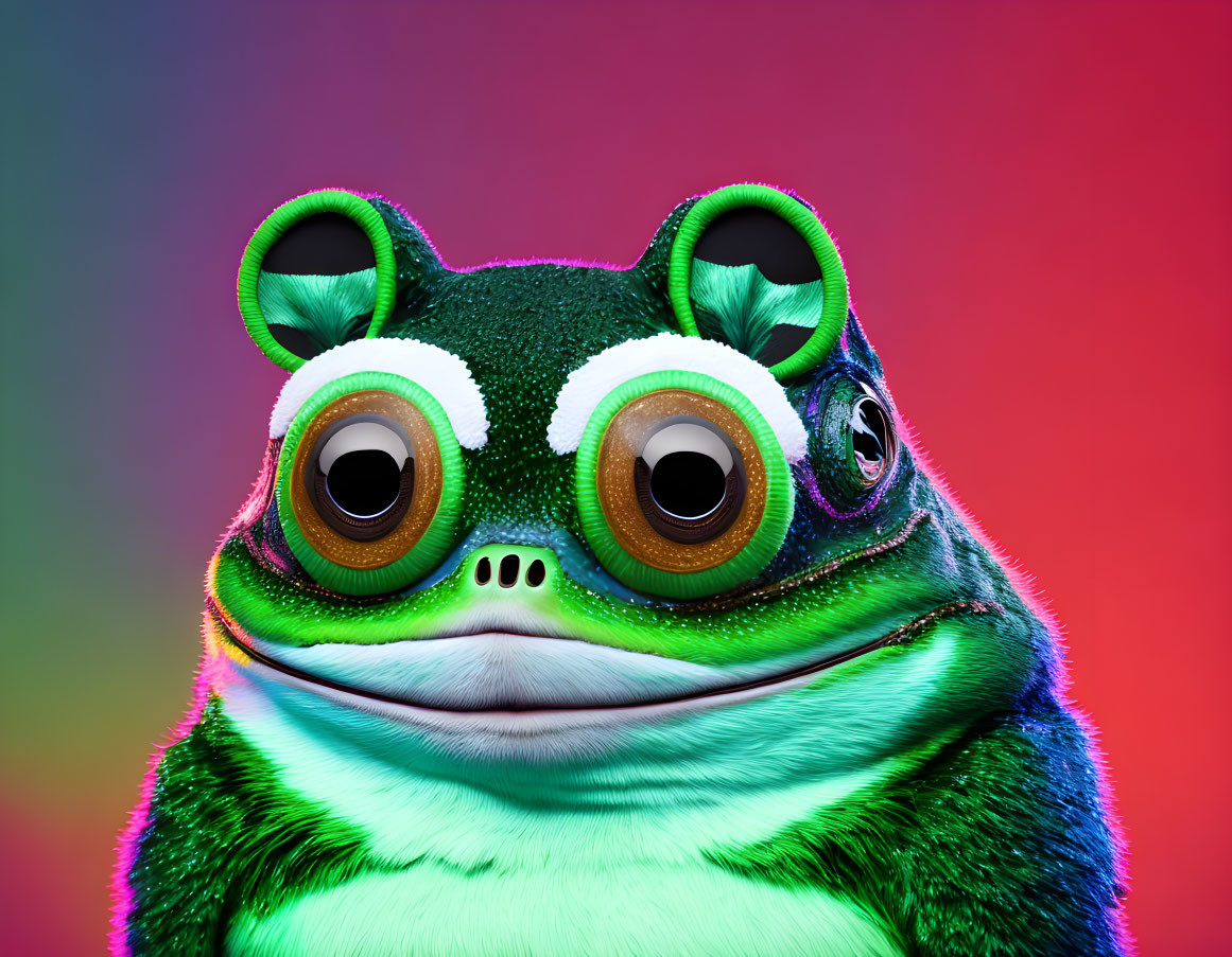 Hyper-realistic green frog with large brown eyes on colorful gradient backdrop