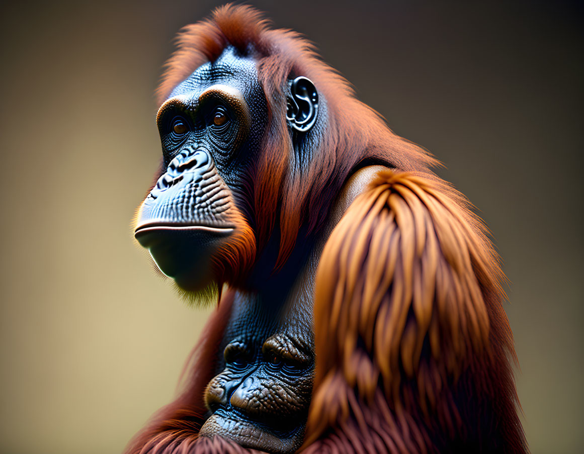 Two expressive orangutans with vibrant orange fur in close-up view.