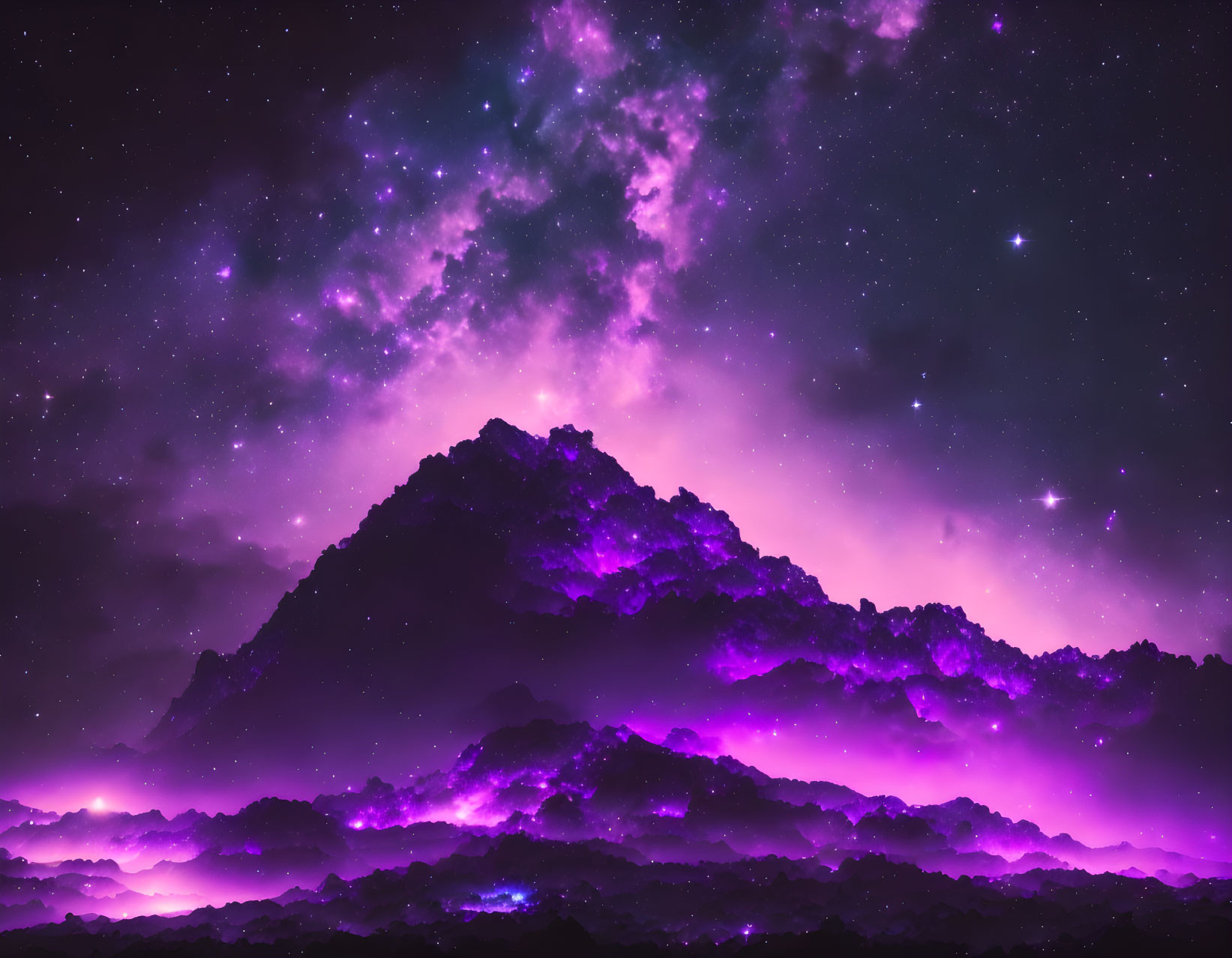 Vibrant cosmic sky with purple nebulae over jagged mountain range