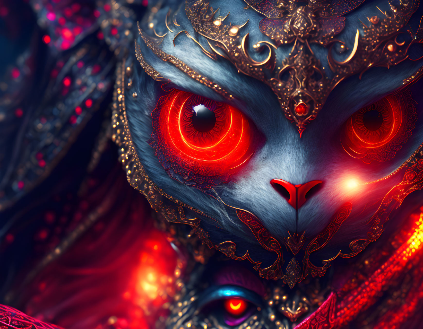 Intricate Digital Artwork: Owl with Golden Patterns & Red Eyes