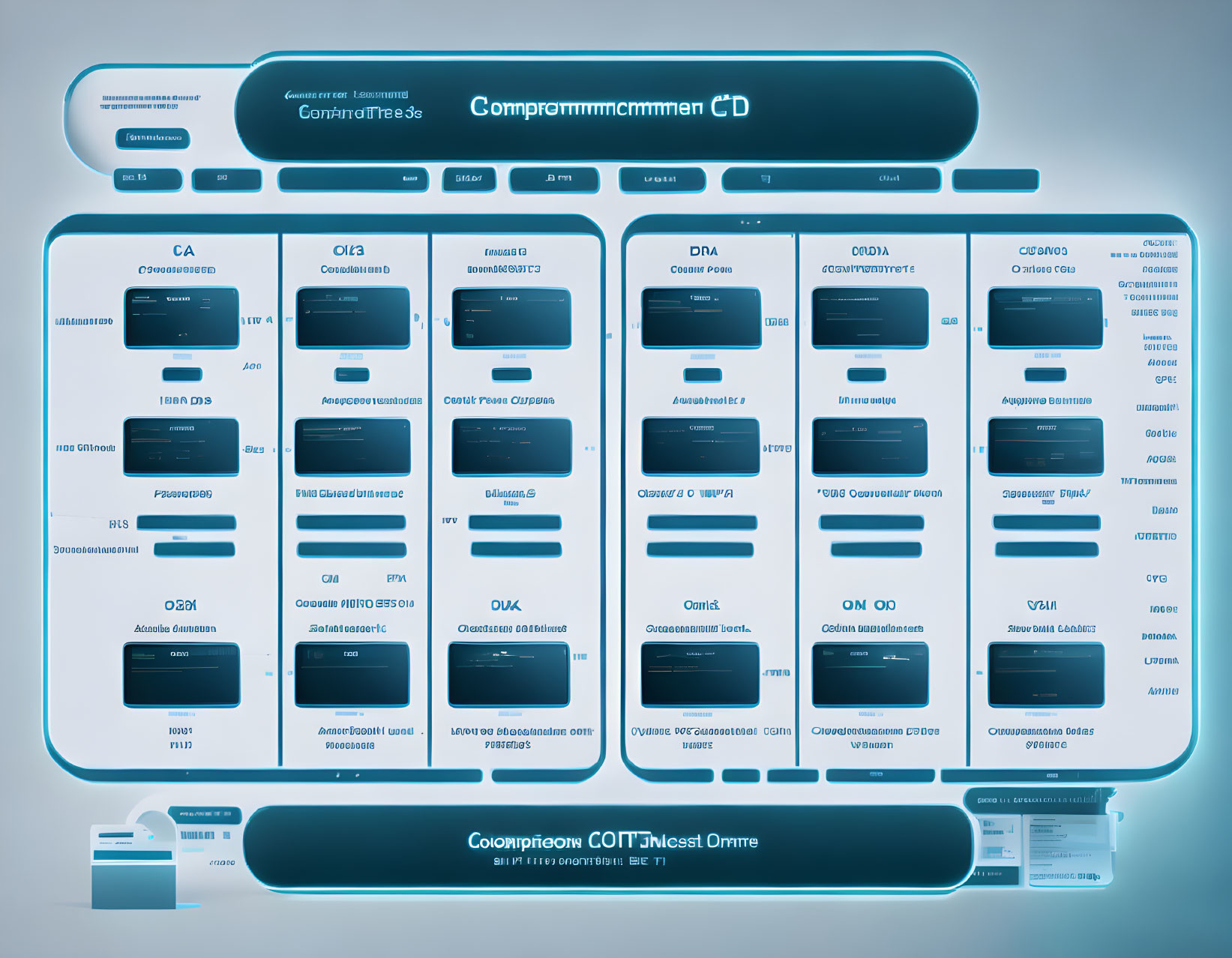 Blue-themed futuristic flowchart infographic with labeled blocks and connecting lines