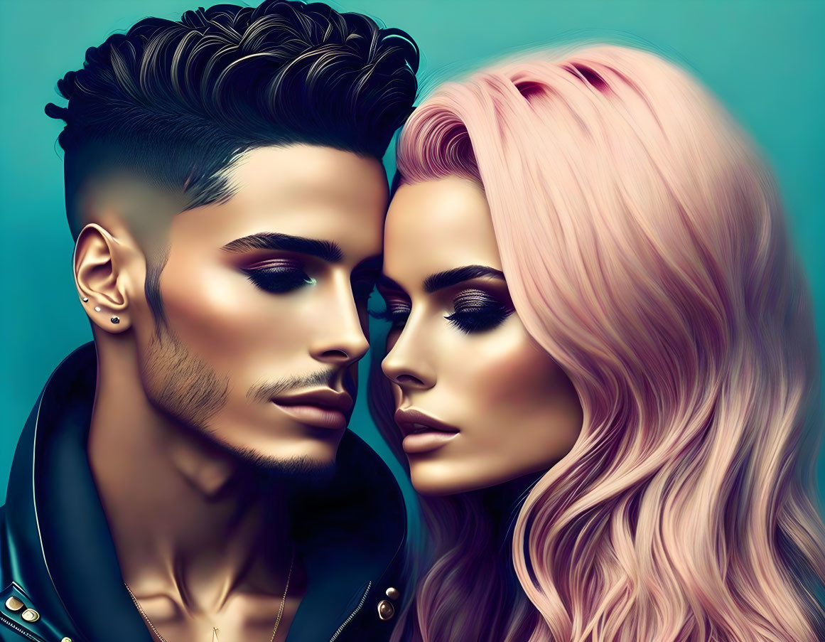 Vibrant Hair Colors on Stylish Couple with Modern Haircut and Makeup