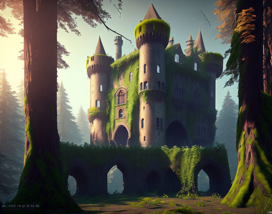 Ivy-covered castle in serene forest at sunrise.