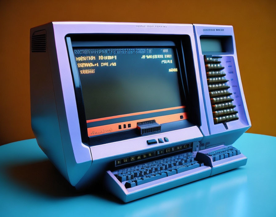 Vintage Computer Setup with Monitor, Keyboard, and Floppy Drives on Blue Surface