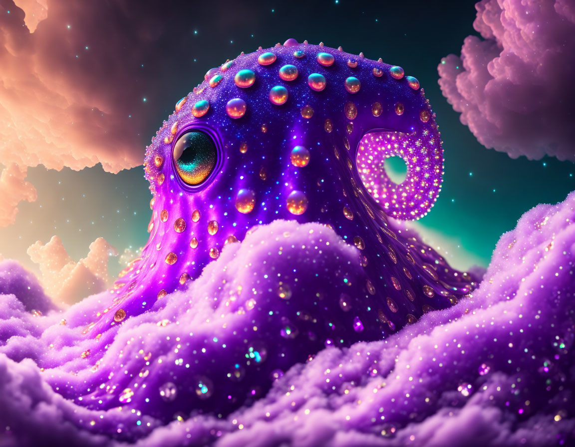 Colorful surreal octopus with sparkling tentacles and expressive eye on pink cloud backdrop