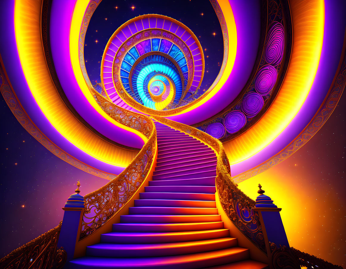 Surreal staircase digital artwork with cosmic background