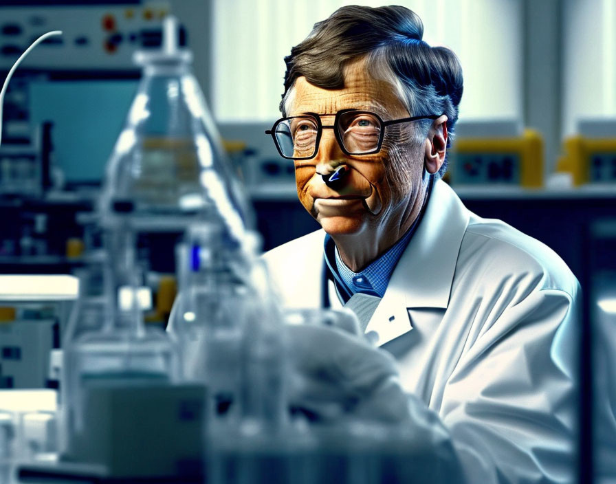 Scientist in lab coat surrounded by equipment and wearing glasses.