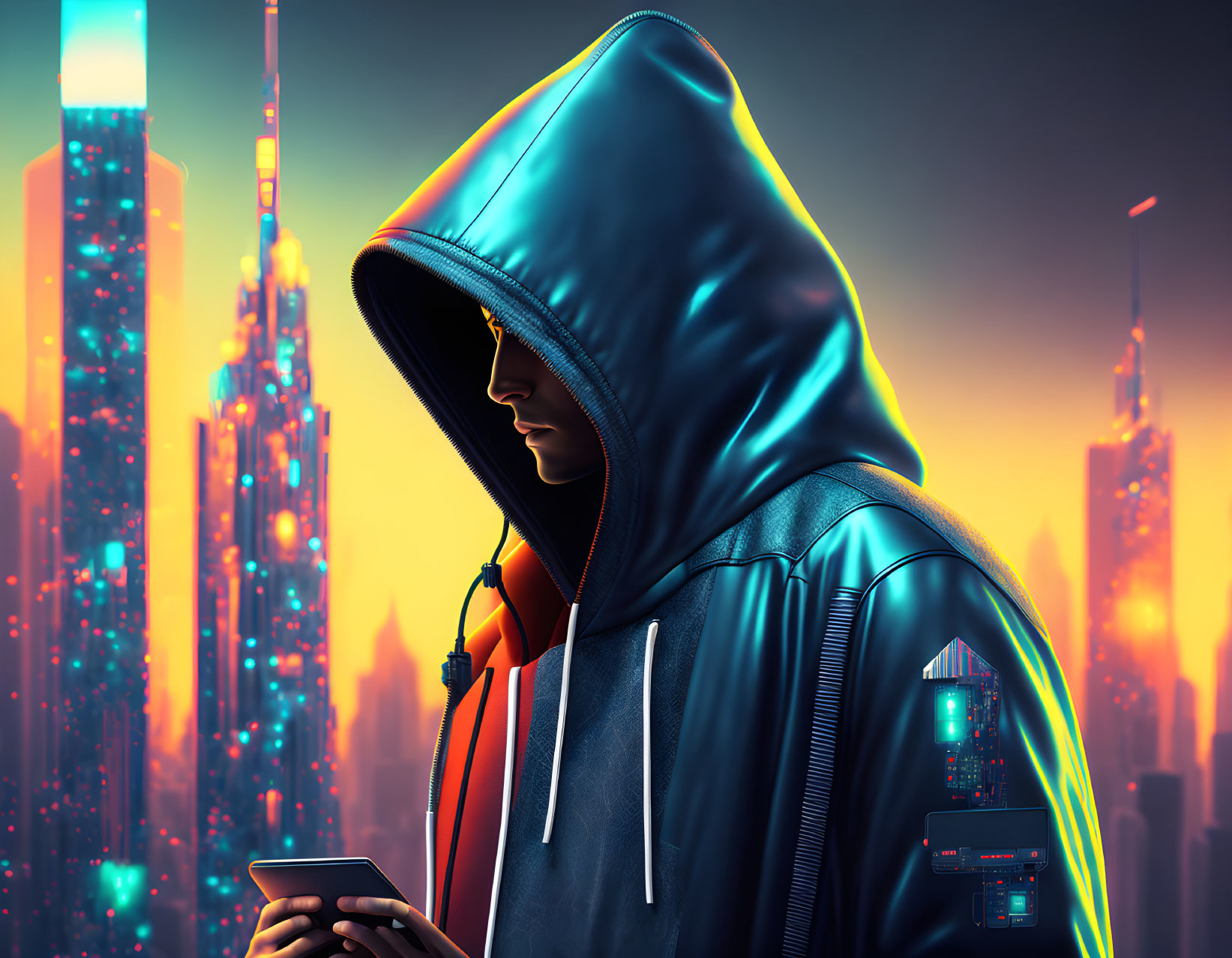 Person in Blue Hoodie on Phone in Neon-Lit Futuristic City at Dusk