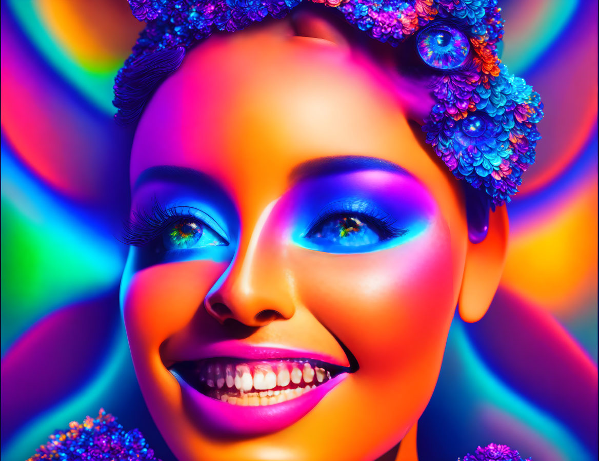 Colorful makeup woman portrait with flowers on rainbow background