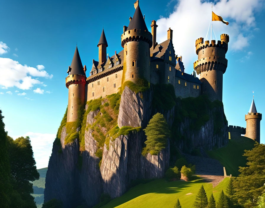 Majestic castle on steep cliff with towers and staircase