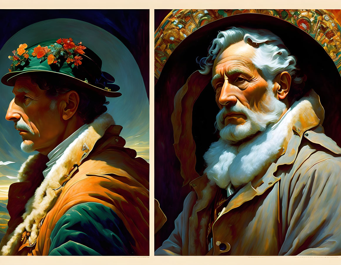 Stylized vintage portraits of men in ornate backgrounds