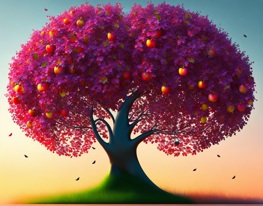 Vibrant tree illustration with pink blossoms and red apples in serene sky