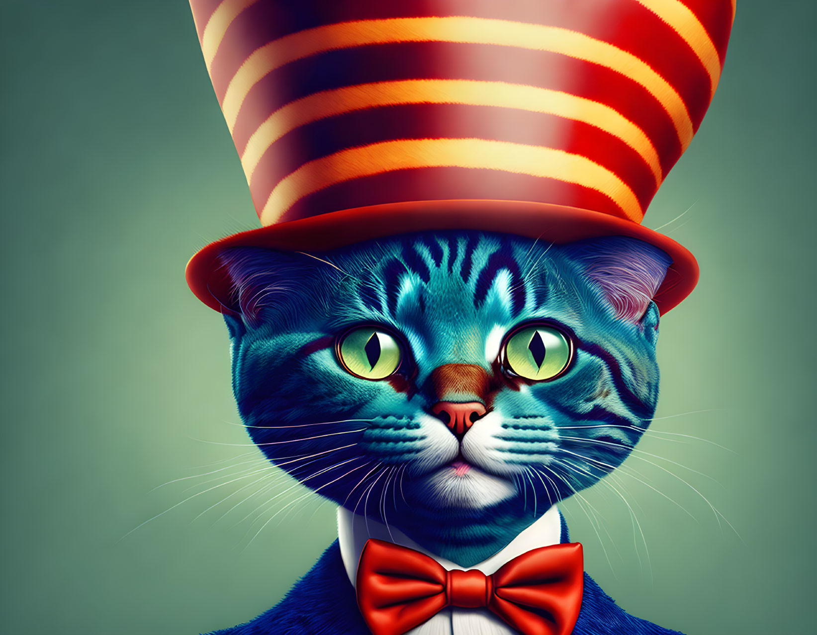 Whimsical blue cat with green eyes in striped hat and bow tie