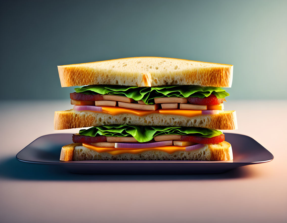 Double-layered sandwich with lettuce, tomato, cheese, and meat on plate with gradient background