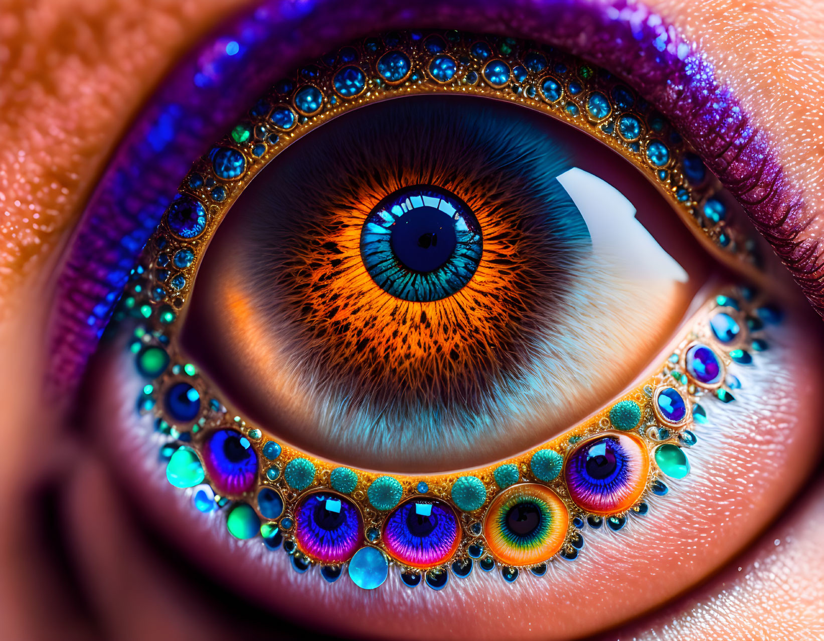 Close-up Macro Shot of Human Eye with Vibrant, Multi-Colored Makeup and Gemstone-Like