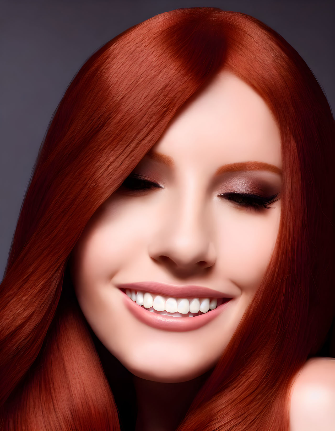 Portrait of Smiling Woman with Long Red Hair