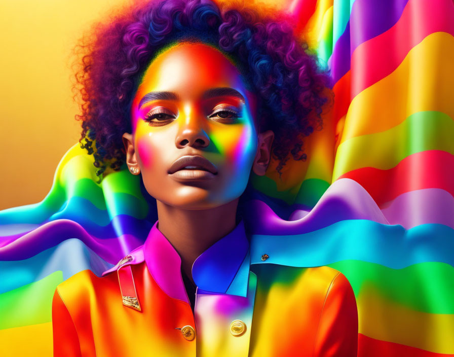 Vibrant portrait of a woman with purple curly hair and striking makeup in rainbow colors