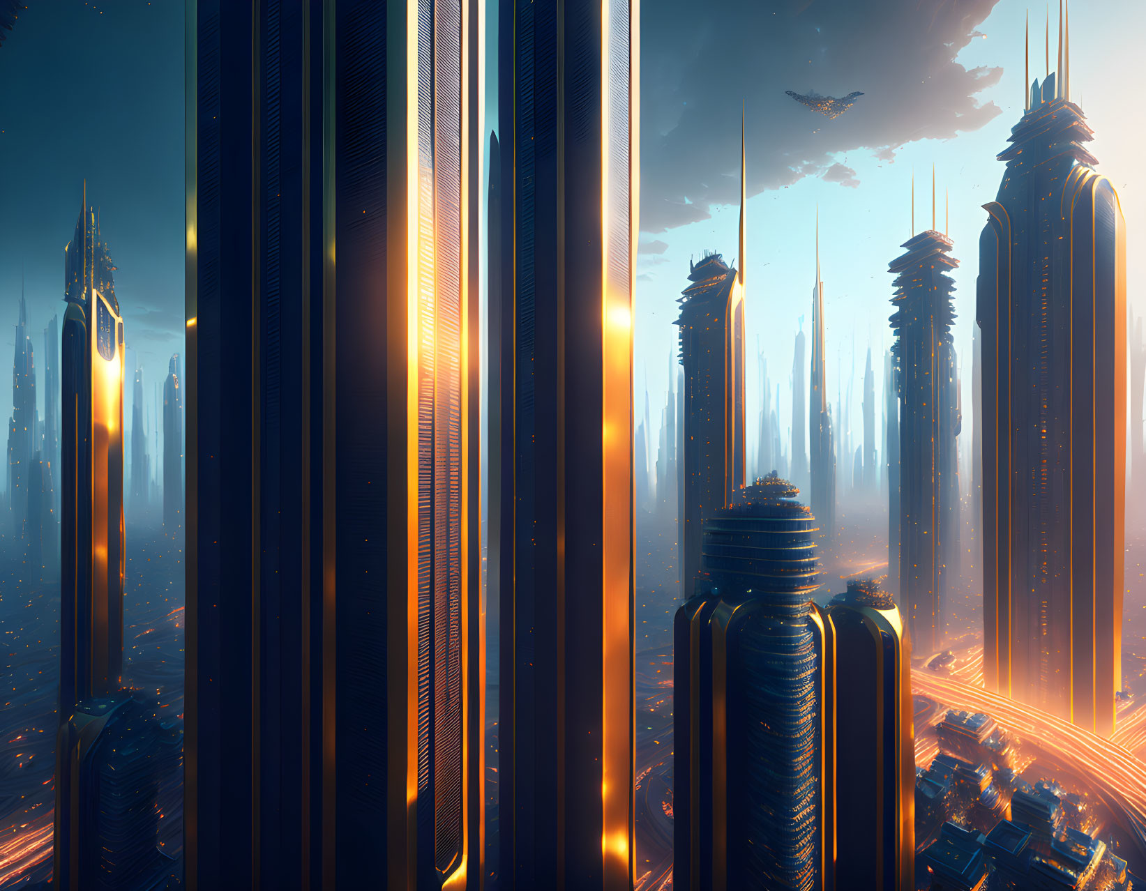 Futuristic cityscape with illuminated skyscrapers and flying vehicles at dusk