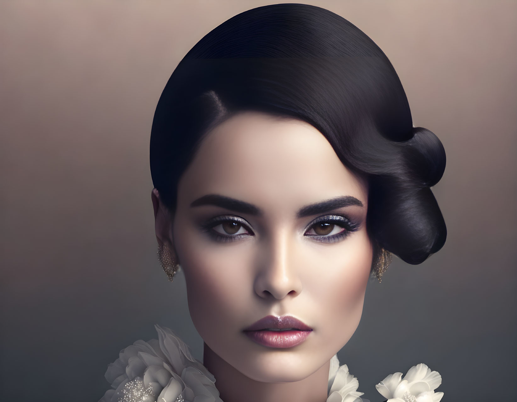 Vintage-inspired woman with polished hairstyle and floral adornments