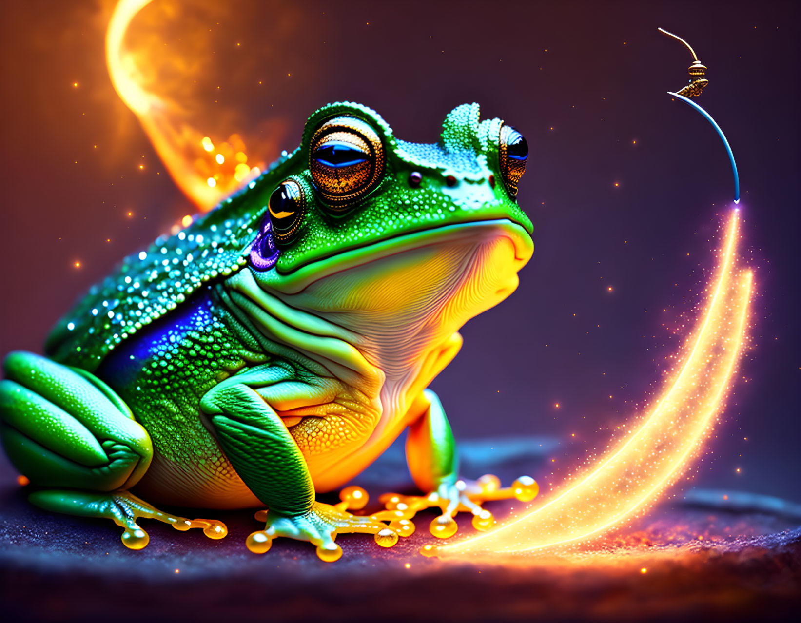 Colorful Frog with Sparkling Skin on Dark Background with Light Effects