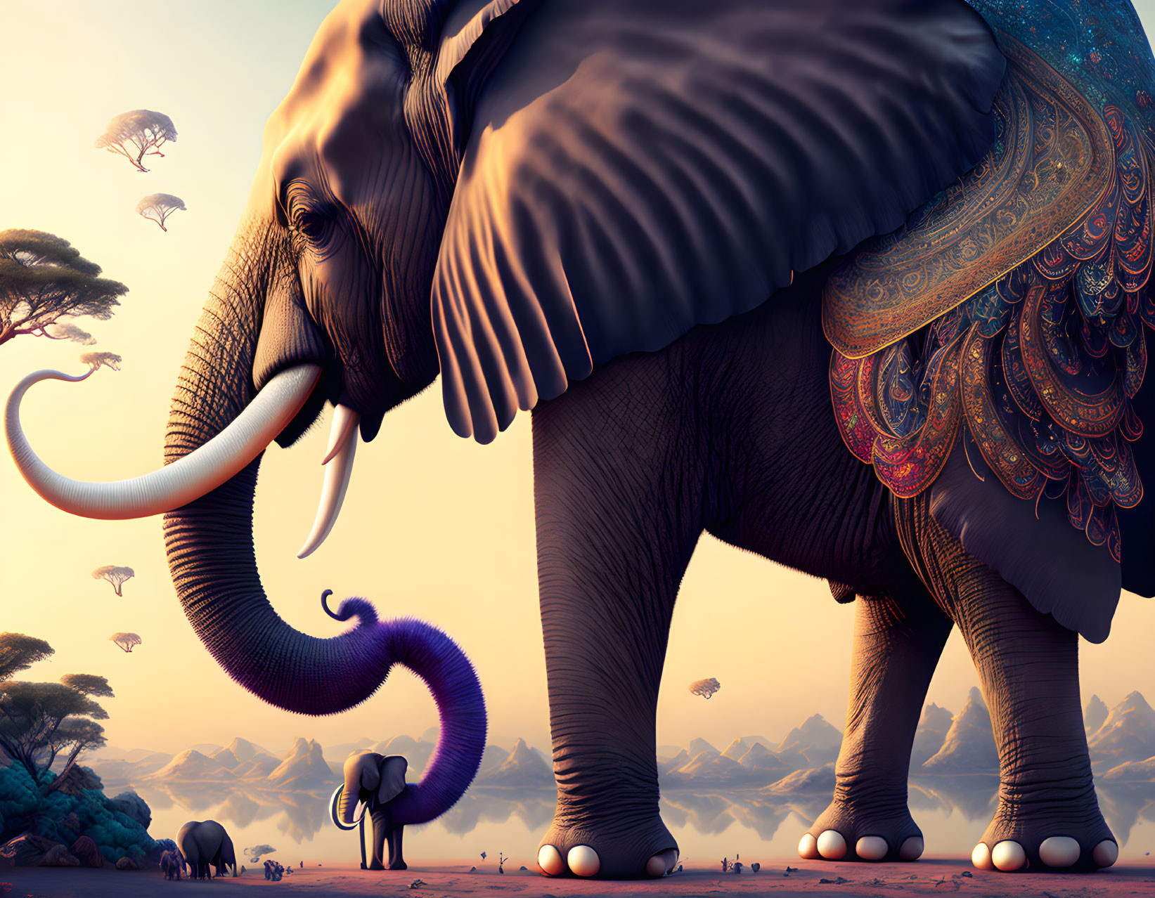 Stylized elephants in surreal landscape with floating islands