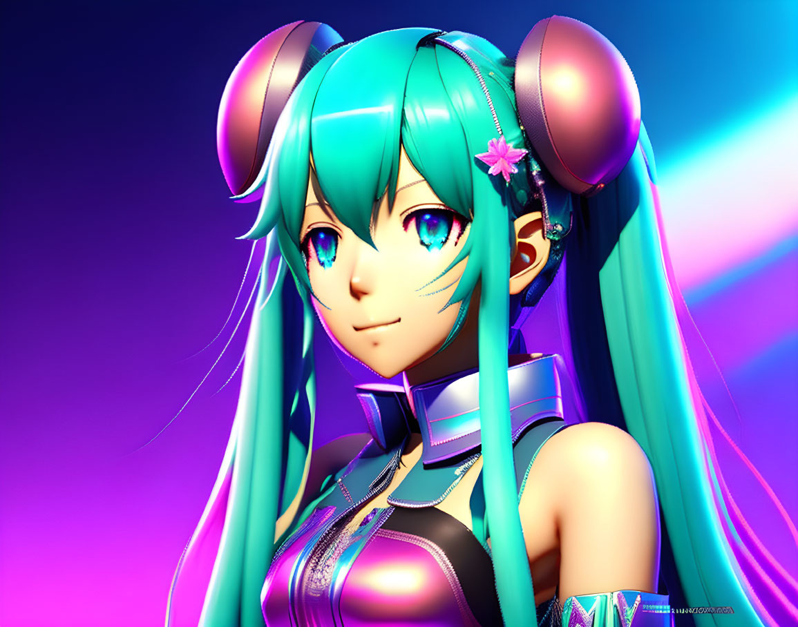 Teal-haired anime-style character with twintails on neon gradient background