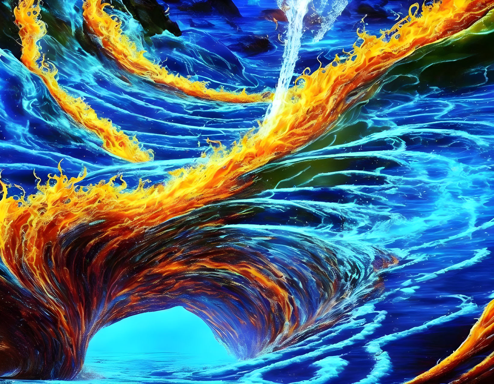 Colorful digital artwork: Blue and orange swirling vortex on deep blue background