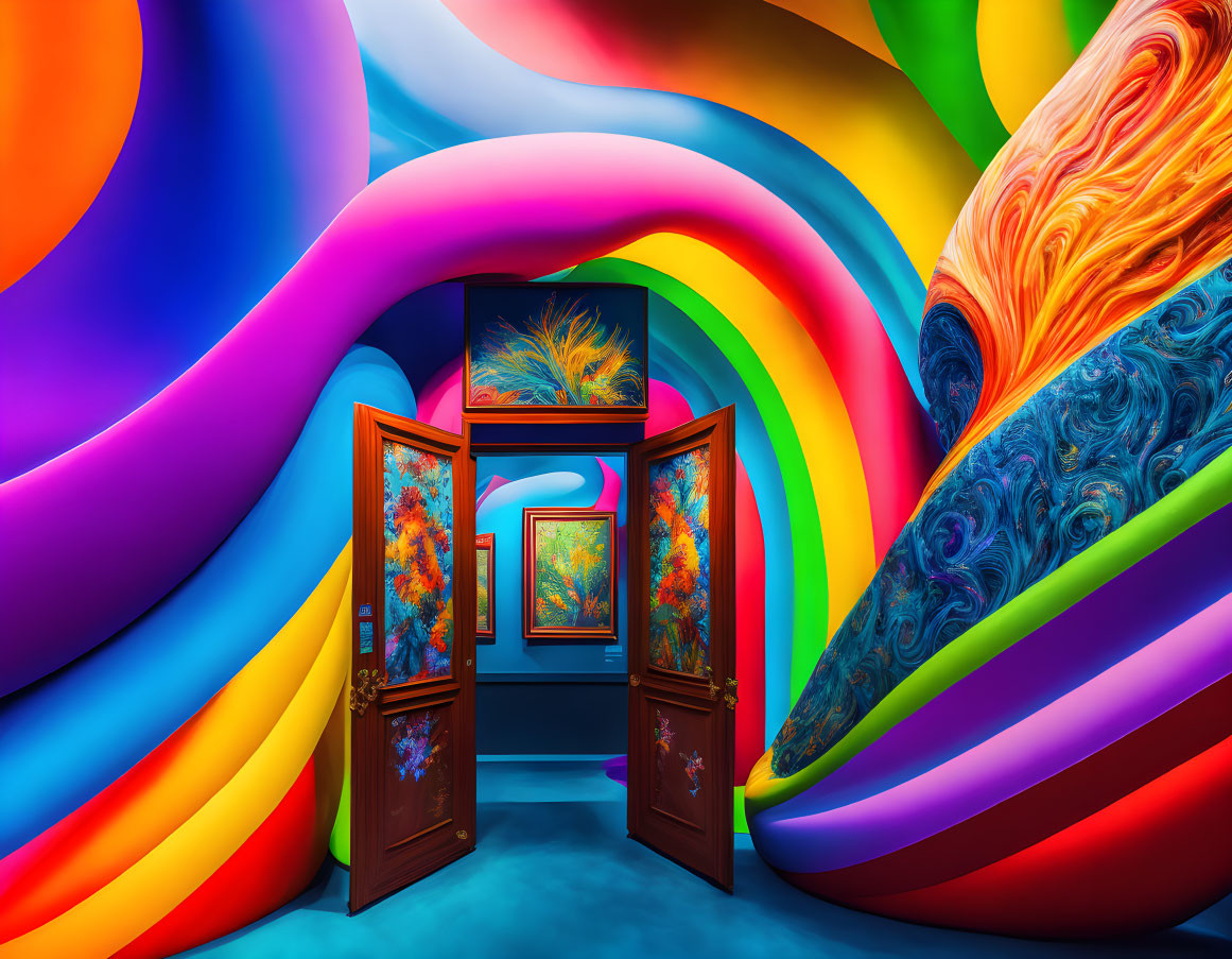 Colorful Rainbow Swirl Patterns in Vibrant Room with Open Double Doors