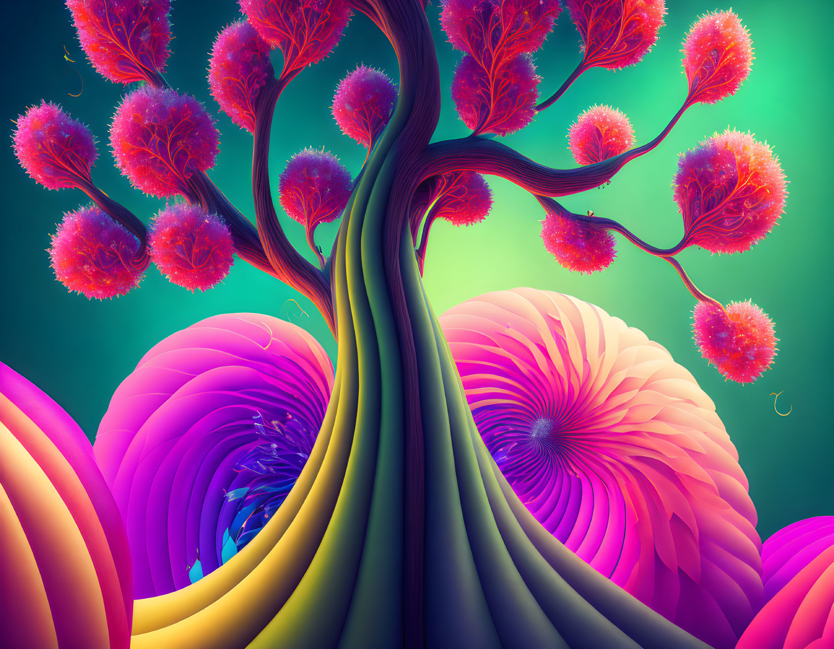 Colorful digital artwork: stylized tree with red foliage & swirling patterns