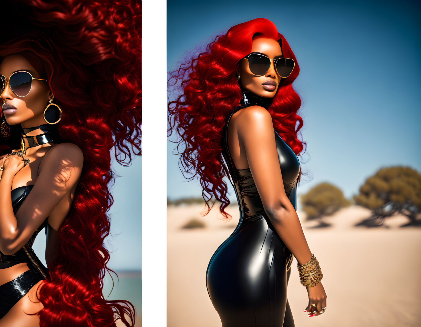 Voluminous Red Hair Woman in Black Bodysuit Desert Photoshoot