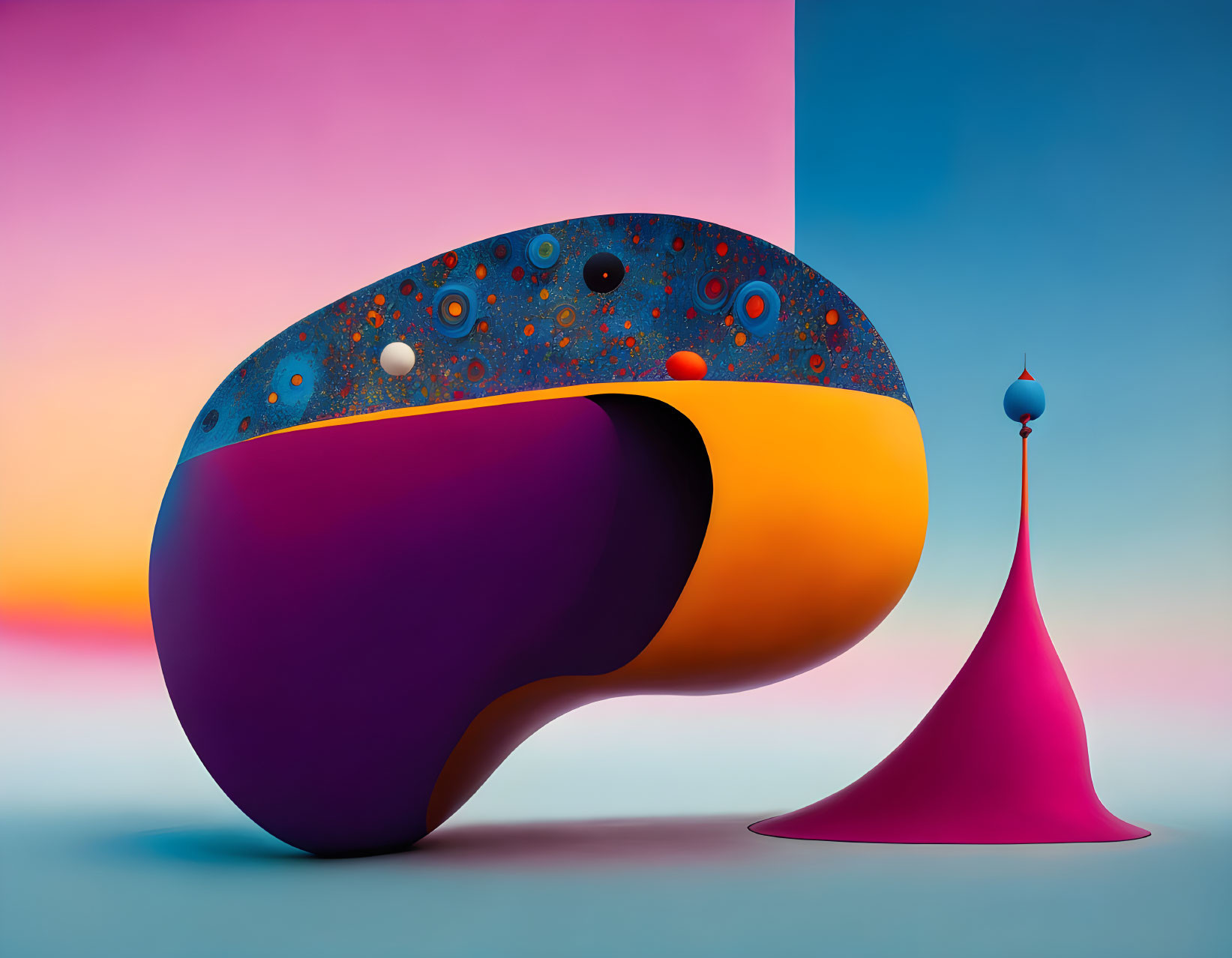 Colorful Curvilinear Object with Celestial Pattern Beside Pointed Structure