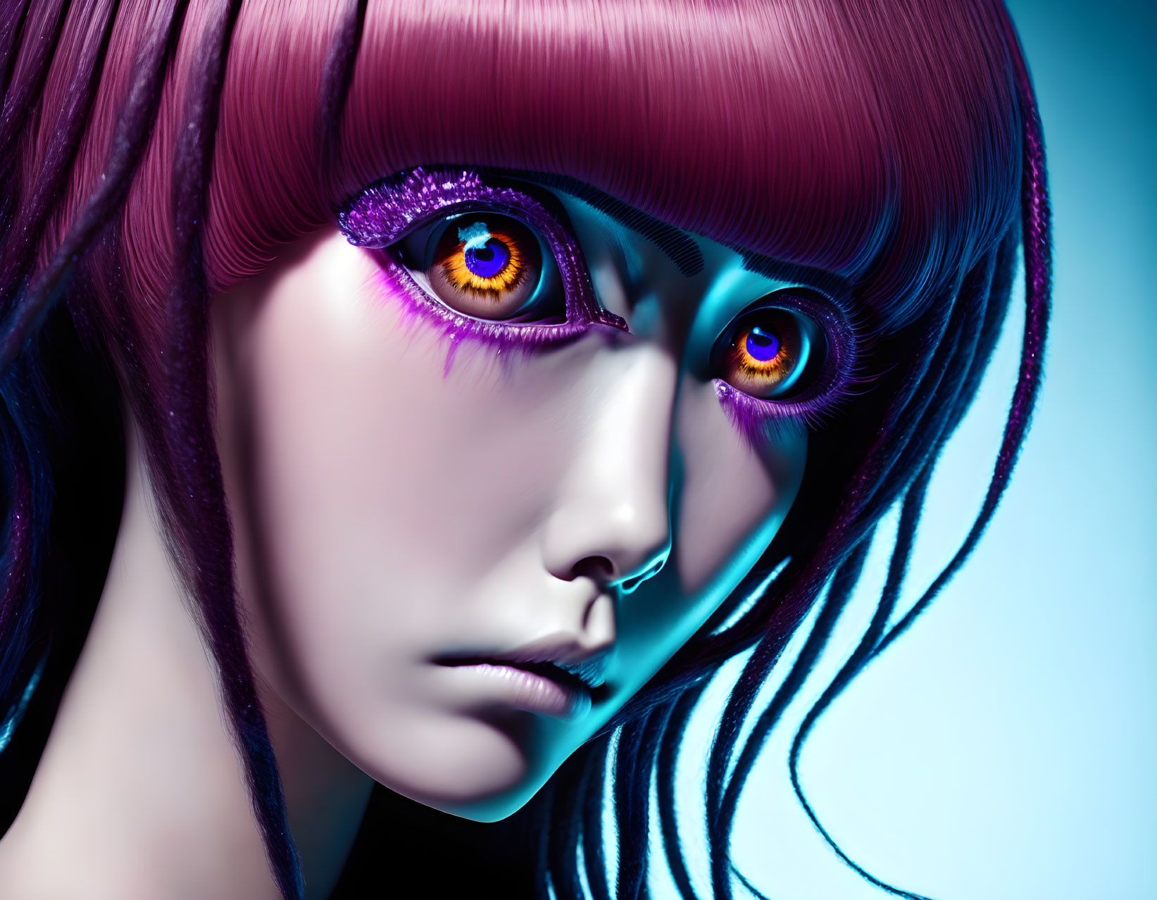 Vivid Purple Hair & Multi-Colored Eyes in Stylized Portrait