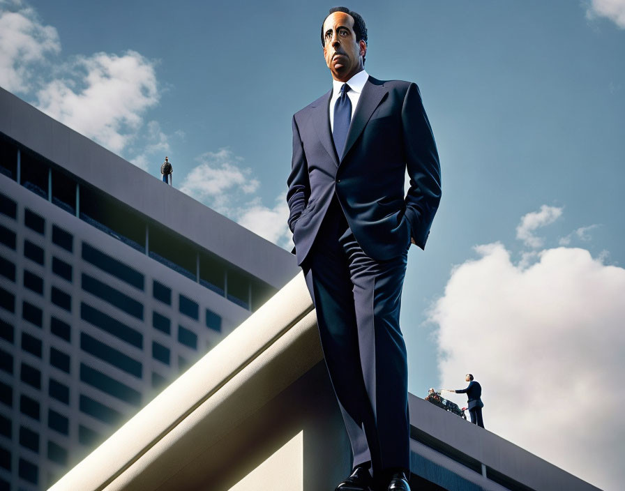 Imposing man in suit overlooks cityscape with tiny people.