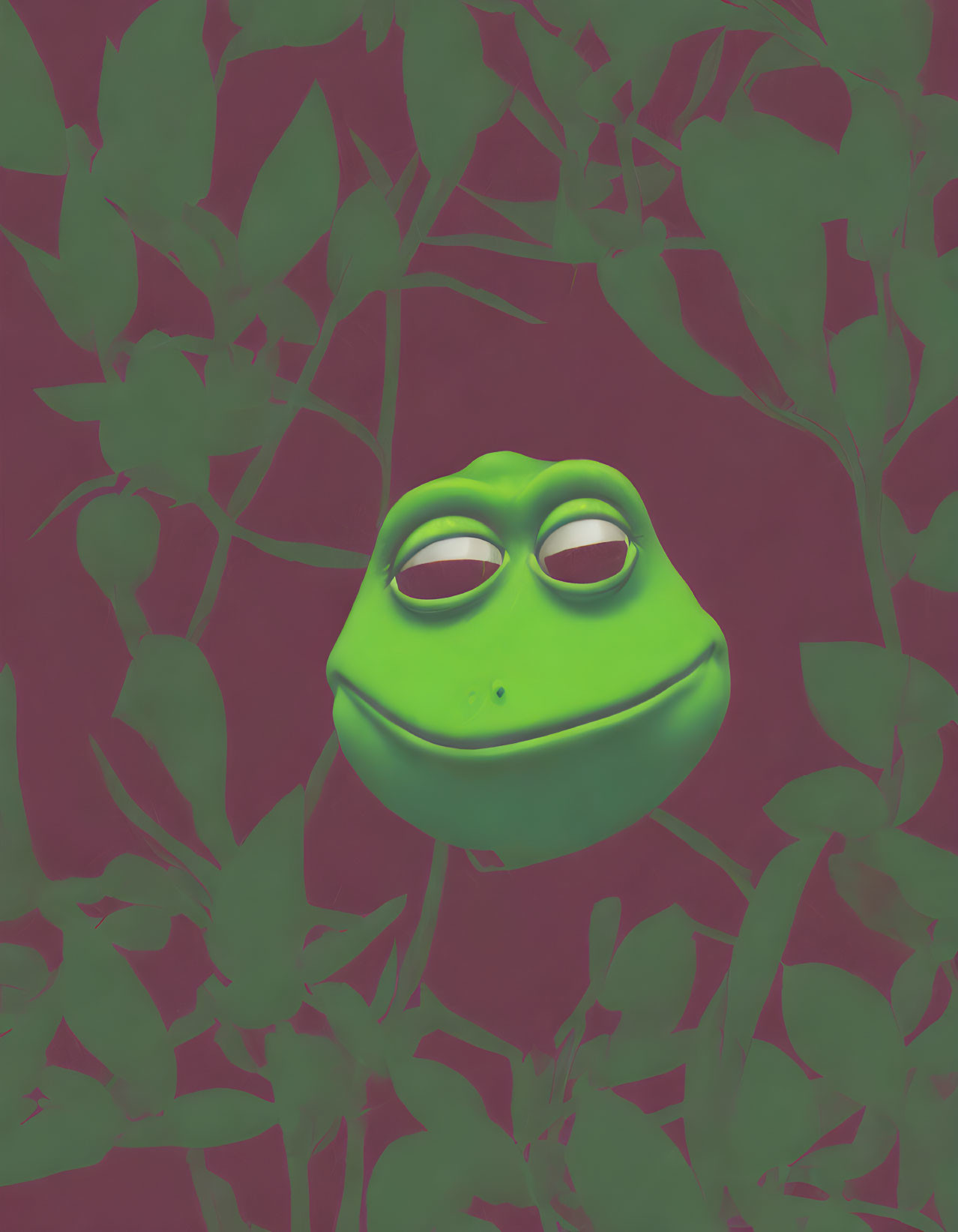 Cartoon-style frog head on red background with green leaves