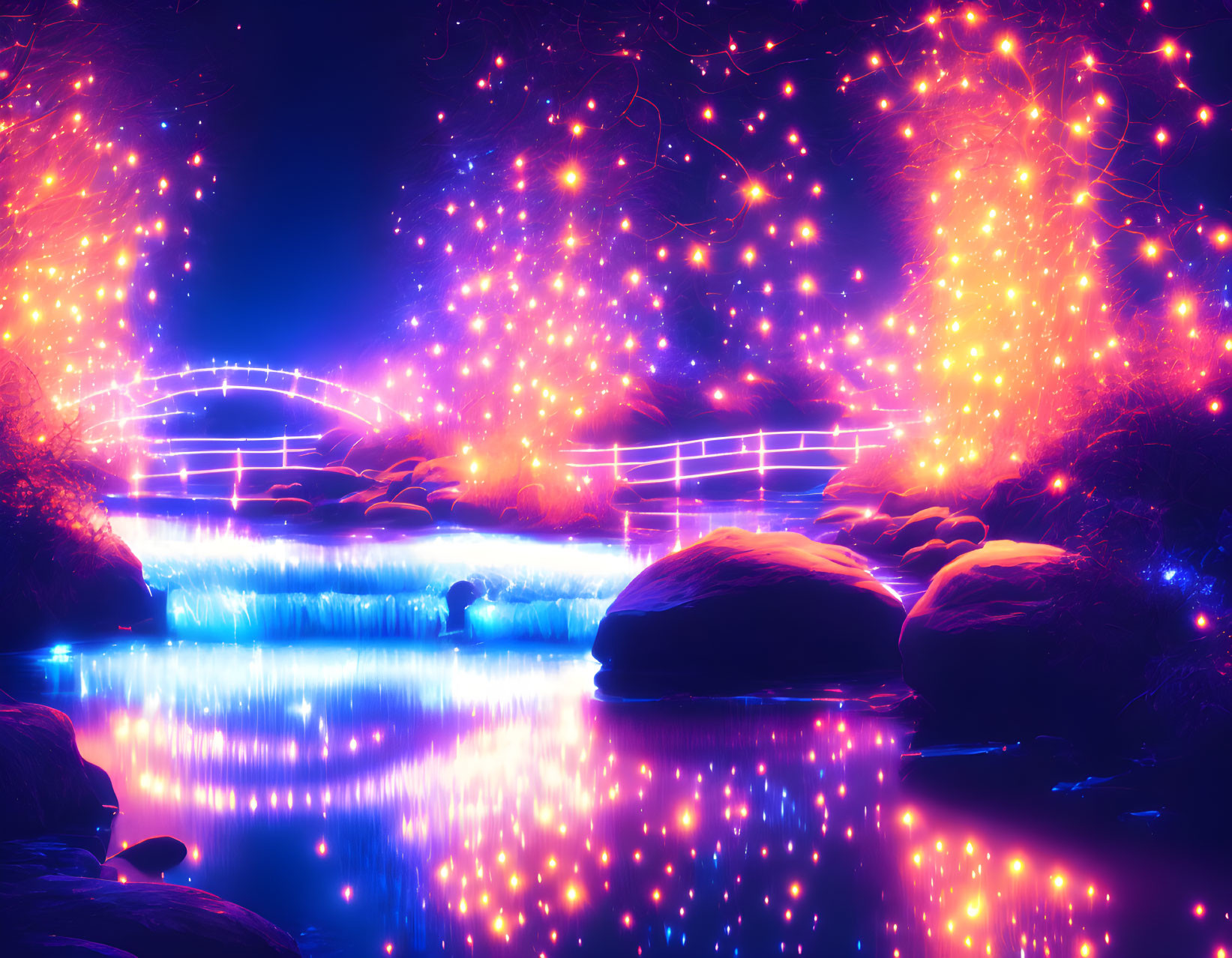 Neon-lit fantasy landscape with glowing river & waterfall