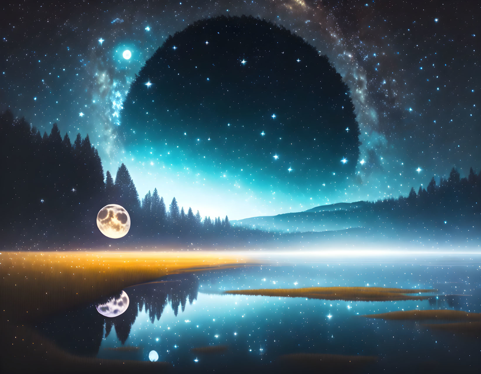 Surreal landscape with oversized moon, starry sky, forest, lake, and cosmic portal