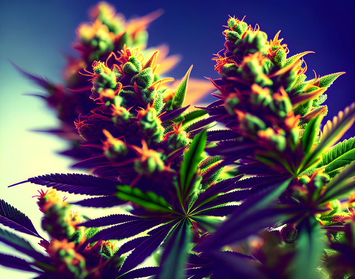 Colorful Cannabis Plants with Buds and Serrated Leaves on Blurred Background