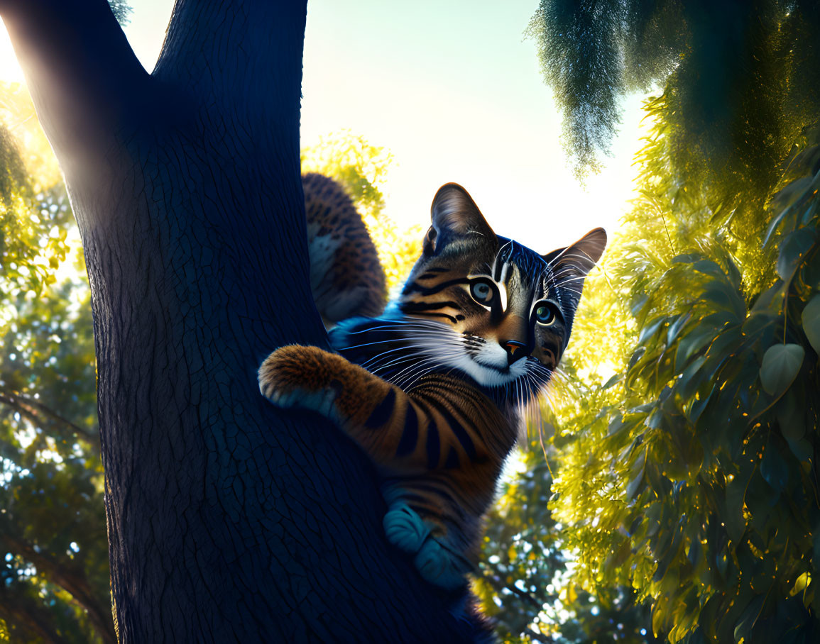 Tabby cat in alert pose near sunlit tree trunk