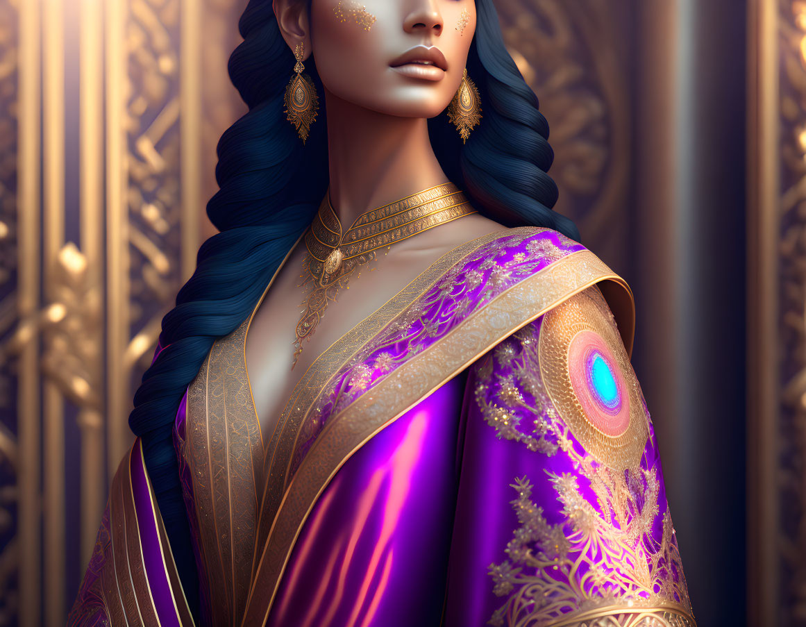 Woman in Purple Saree with Gold Embroidery and Blue Braided Hair