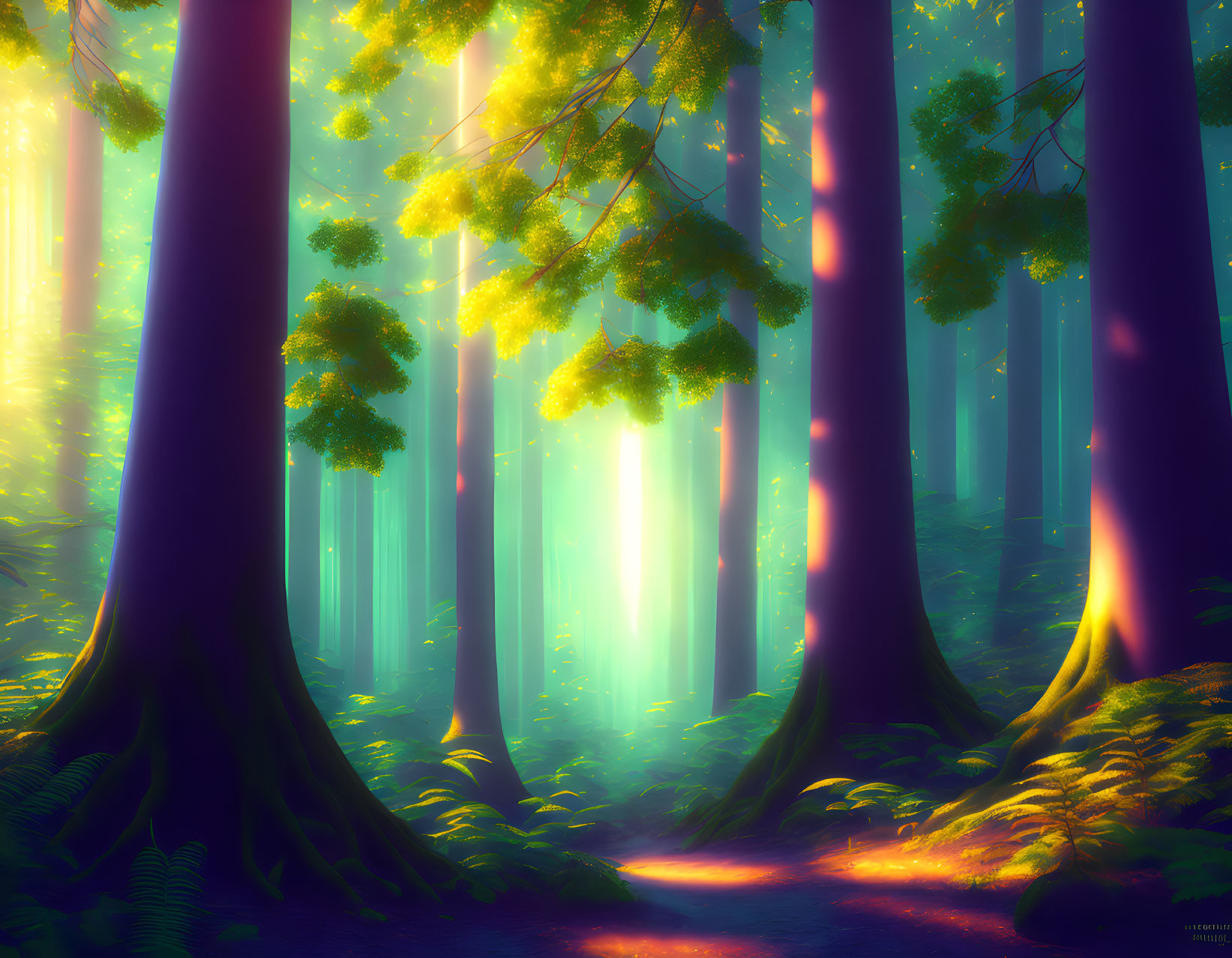 Vibrant misty forest with sunlight filtering through trees