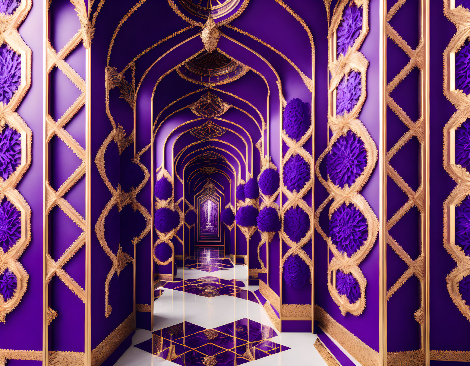 Intricate Gold Patterns in Vibrant Purple Hallway