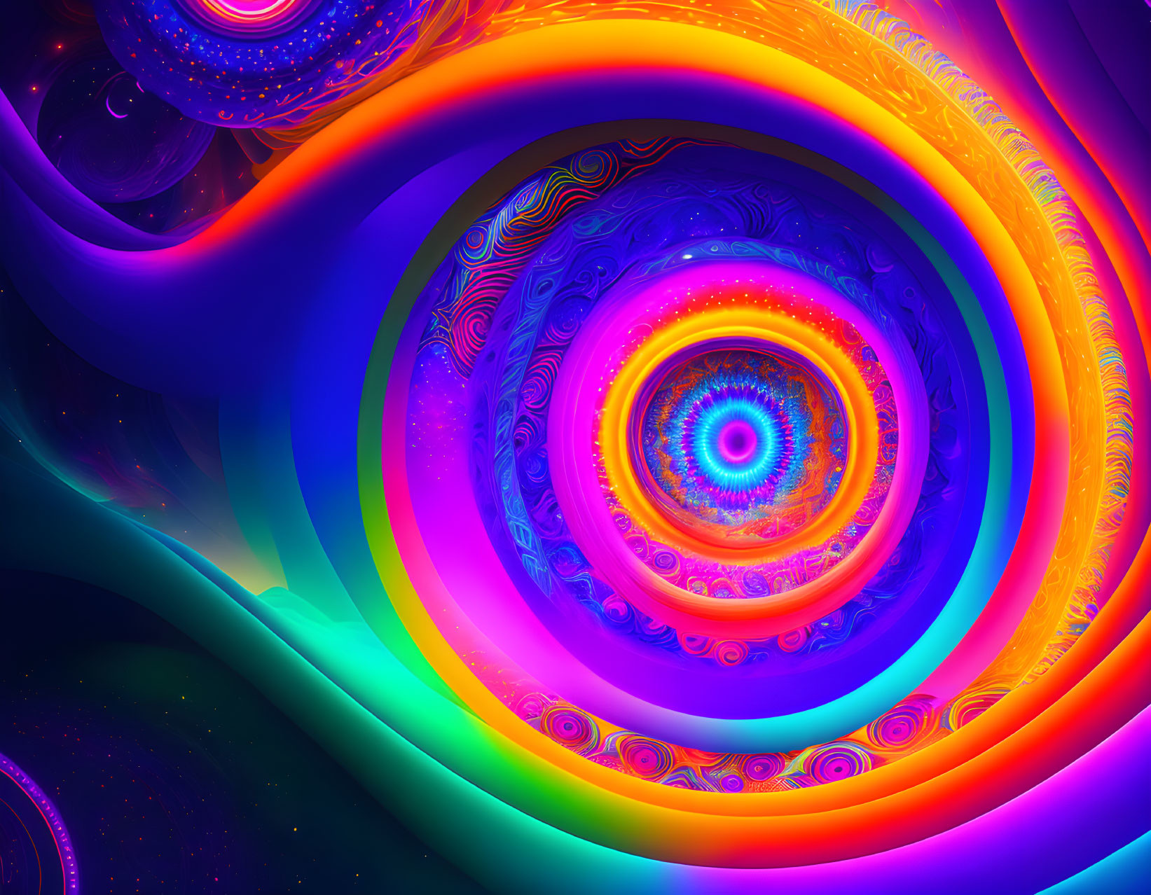 Colorful Neon Spiral Fractal Art in Blue, Purple, Orange, and Pink