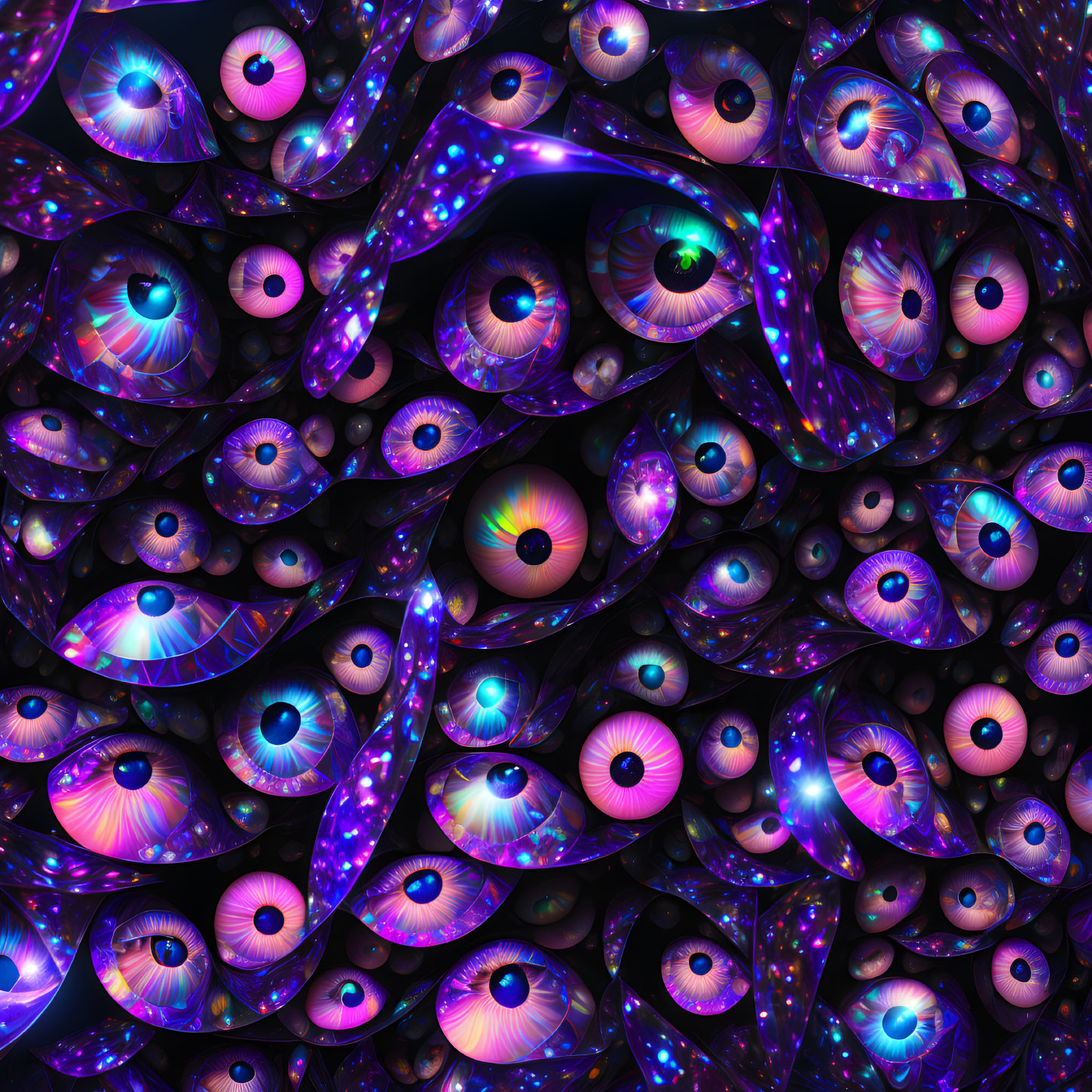 Multicolored stylized eyes with cosmic patterns on dark background