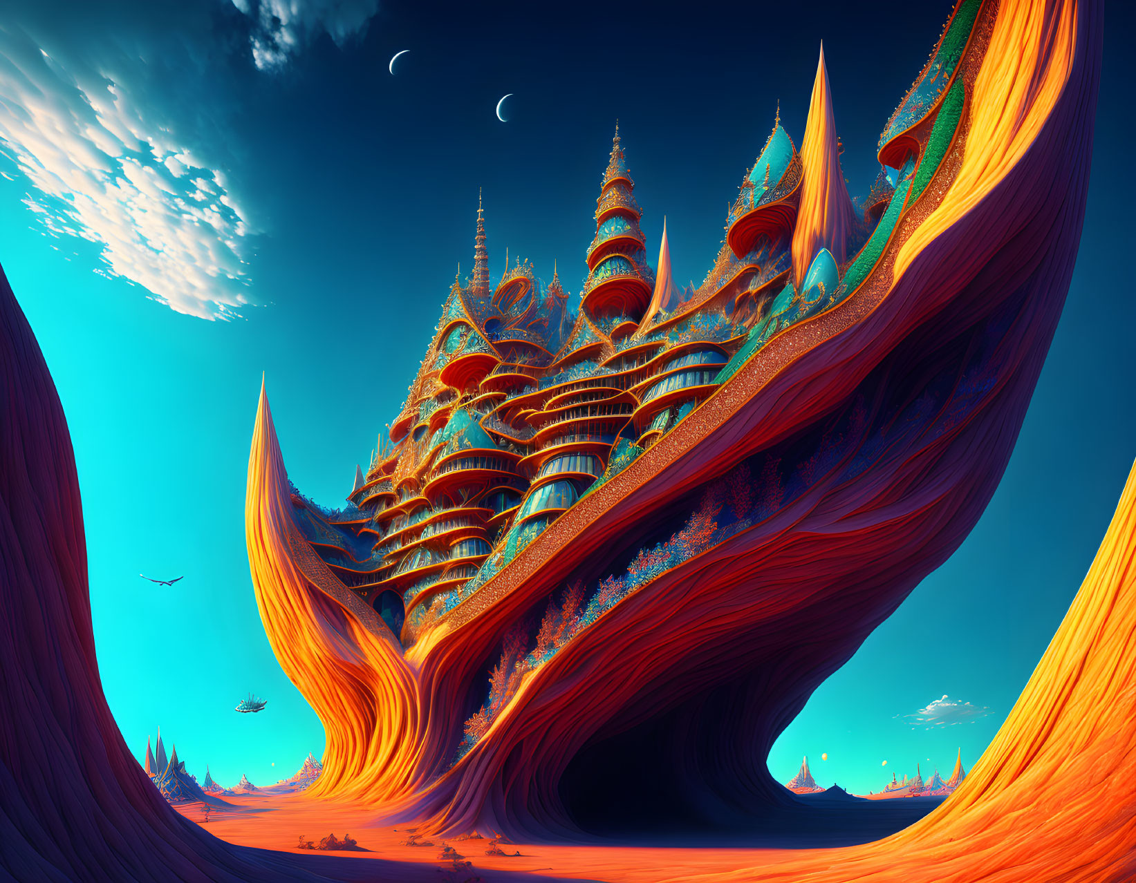 Fantastical landscape with swirling orange structures and grand spired towers