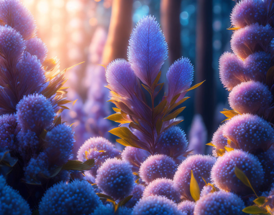 Purple Flowers in Golden Sunlight in Surreal Forest