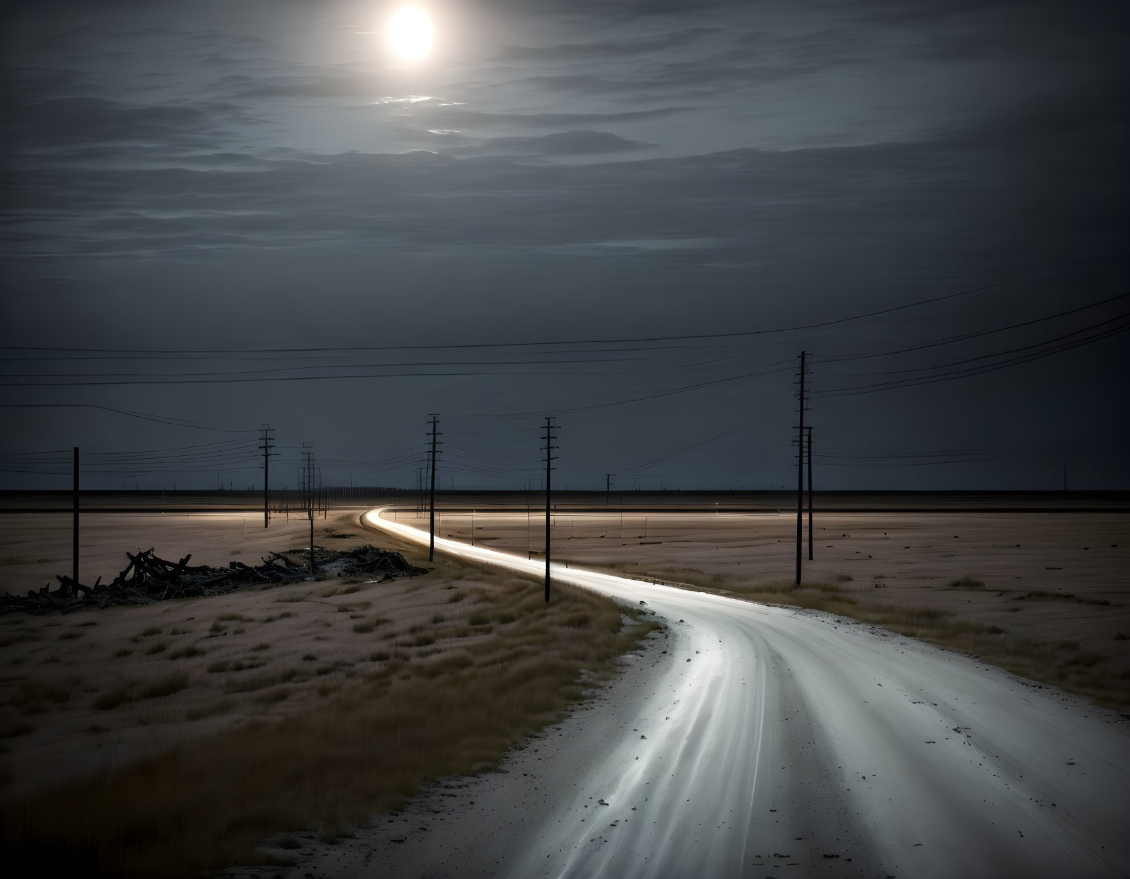 Moonlit Road Through Desolate Landscape at Night