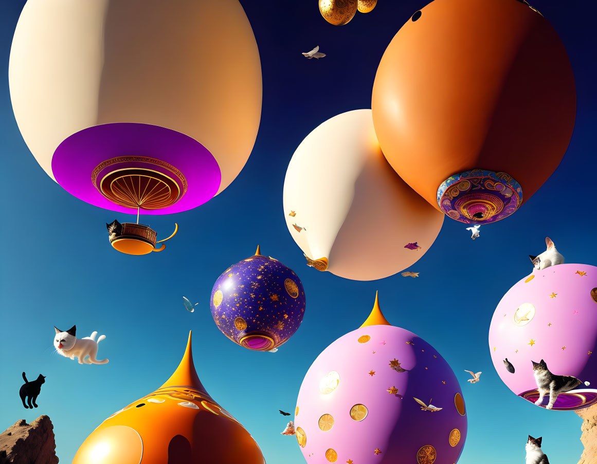 Vibrant hot air balloons and whimsical creatures in clear blue sky