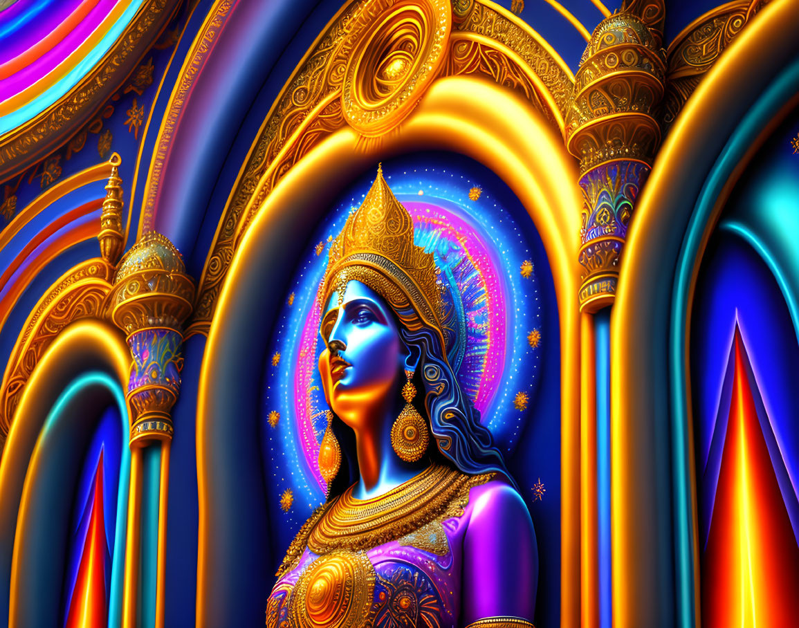 Regal woman in golden crown with blue complexion on colorful, ornate background