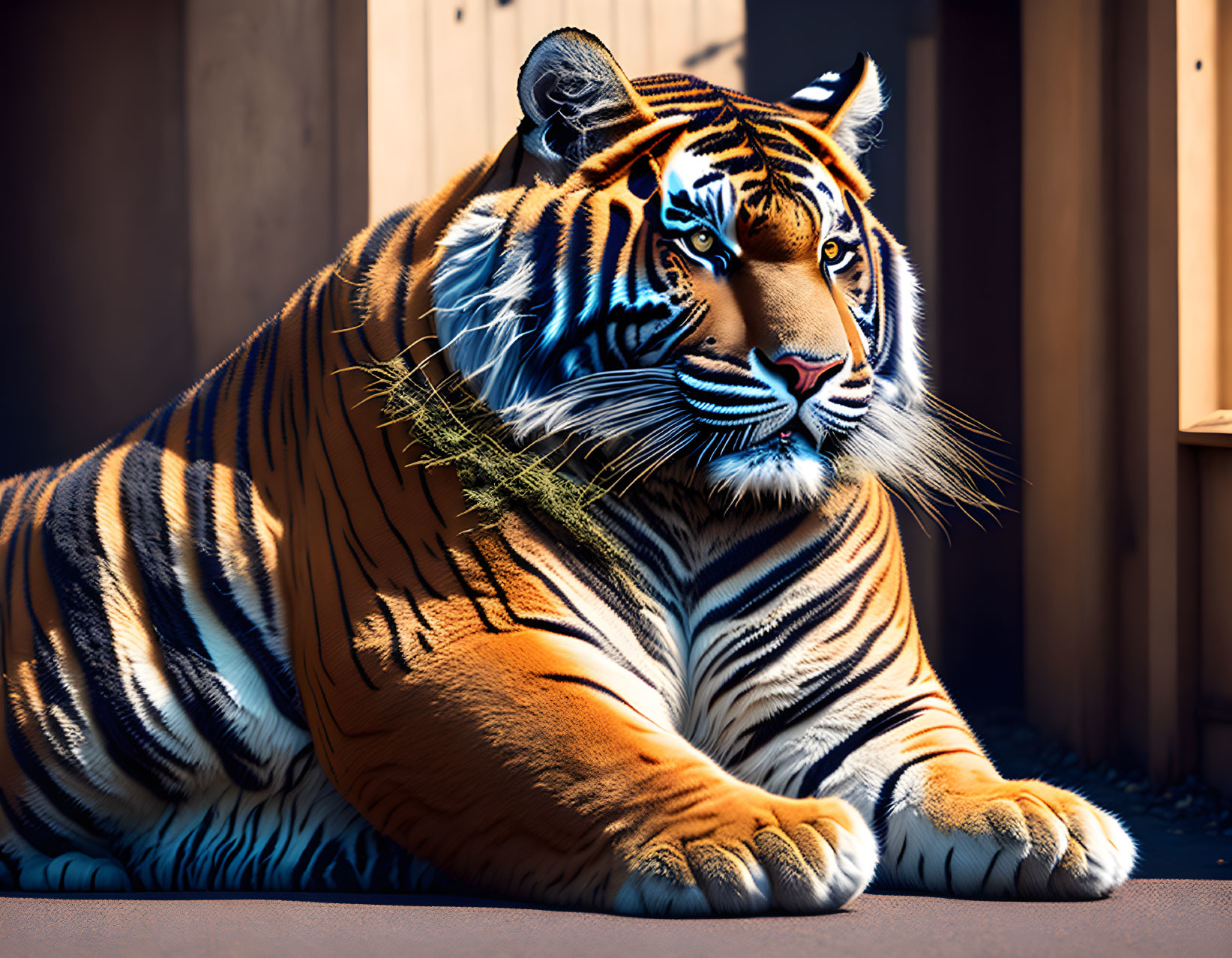 Majestic tiger with striking orange fur and black stripes resting gracefully