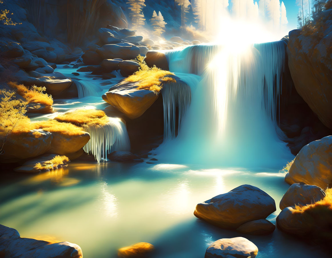 Tranquil forest waterfall under radiant sunbeam